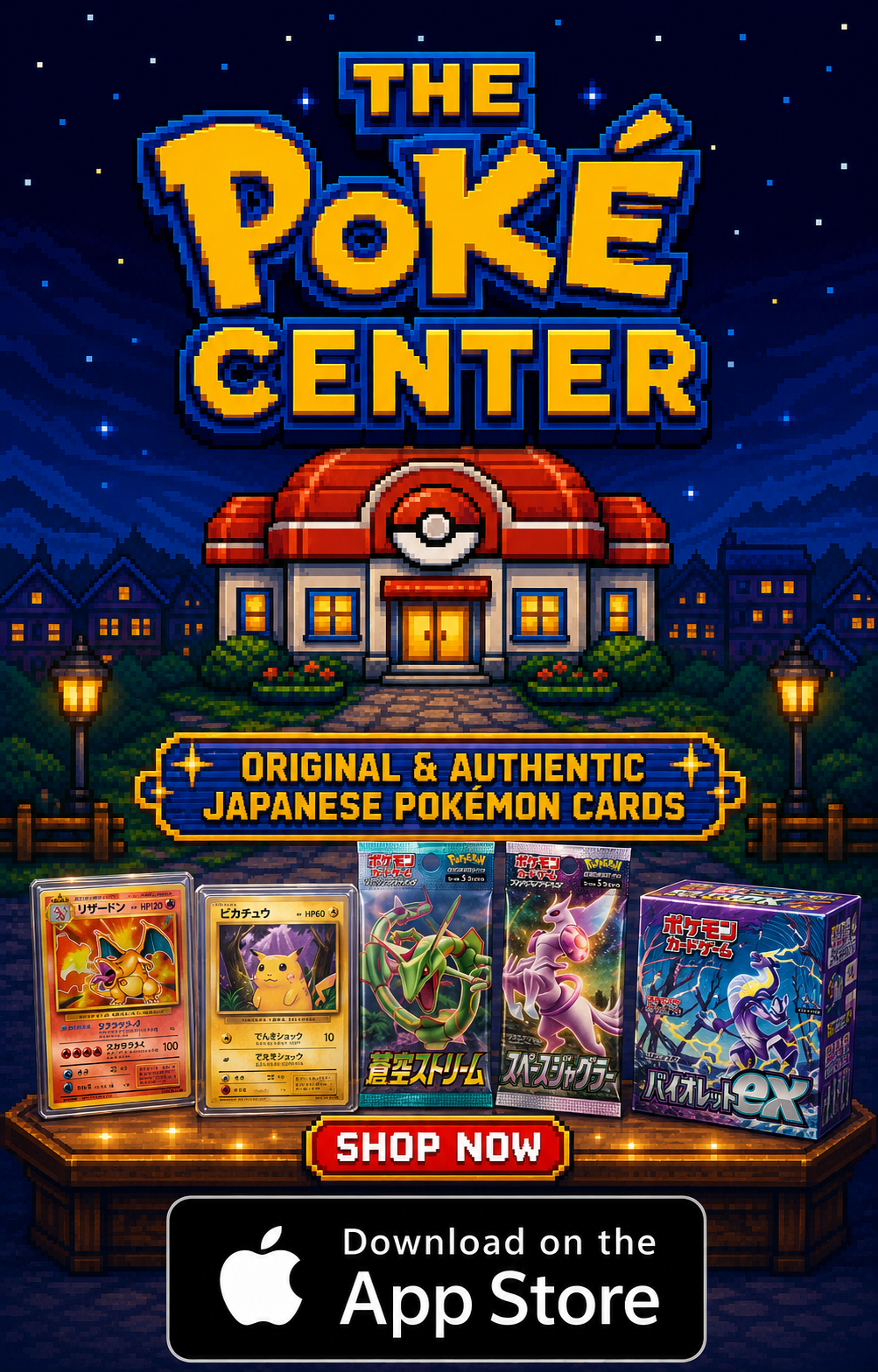 The Poké Center with authentic Japanese trading-card products and an App Store download badge